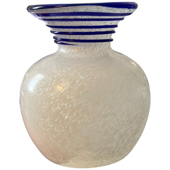 Art Glass Vase– Cobalt Blue Applied Swirl, White Textured Body, Flared Mouth - Picture 4 of 7